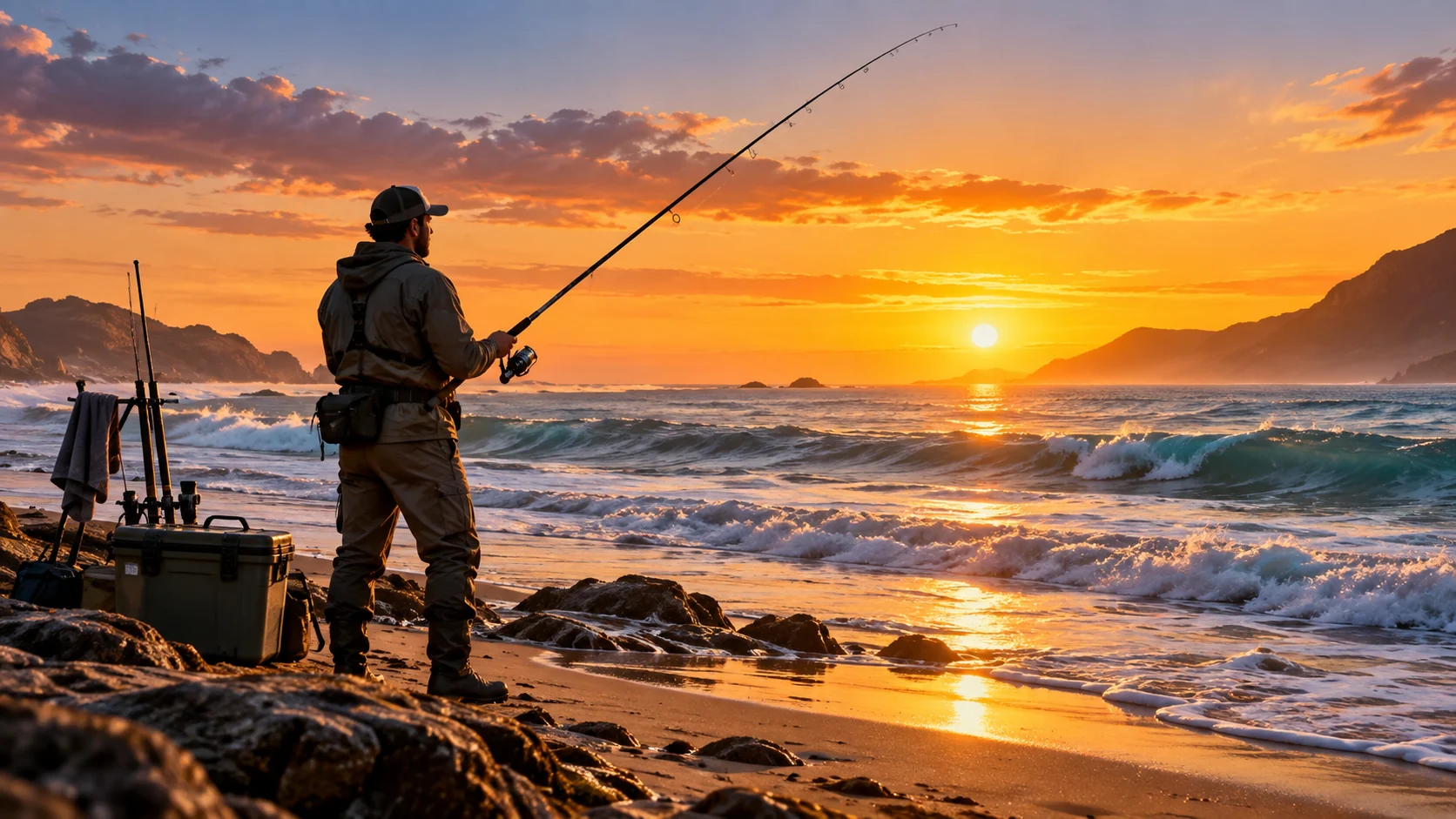 Pesca desde la costa al atardecer